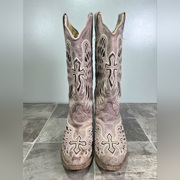 Y2K CORRAL WING & CROSS DISTRESSED WESTERN SEQUIN BOOTS. - Picture 3 of 12